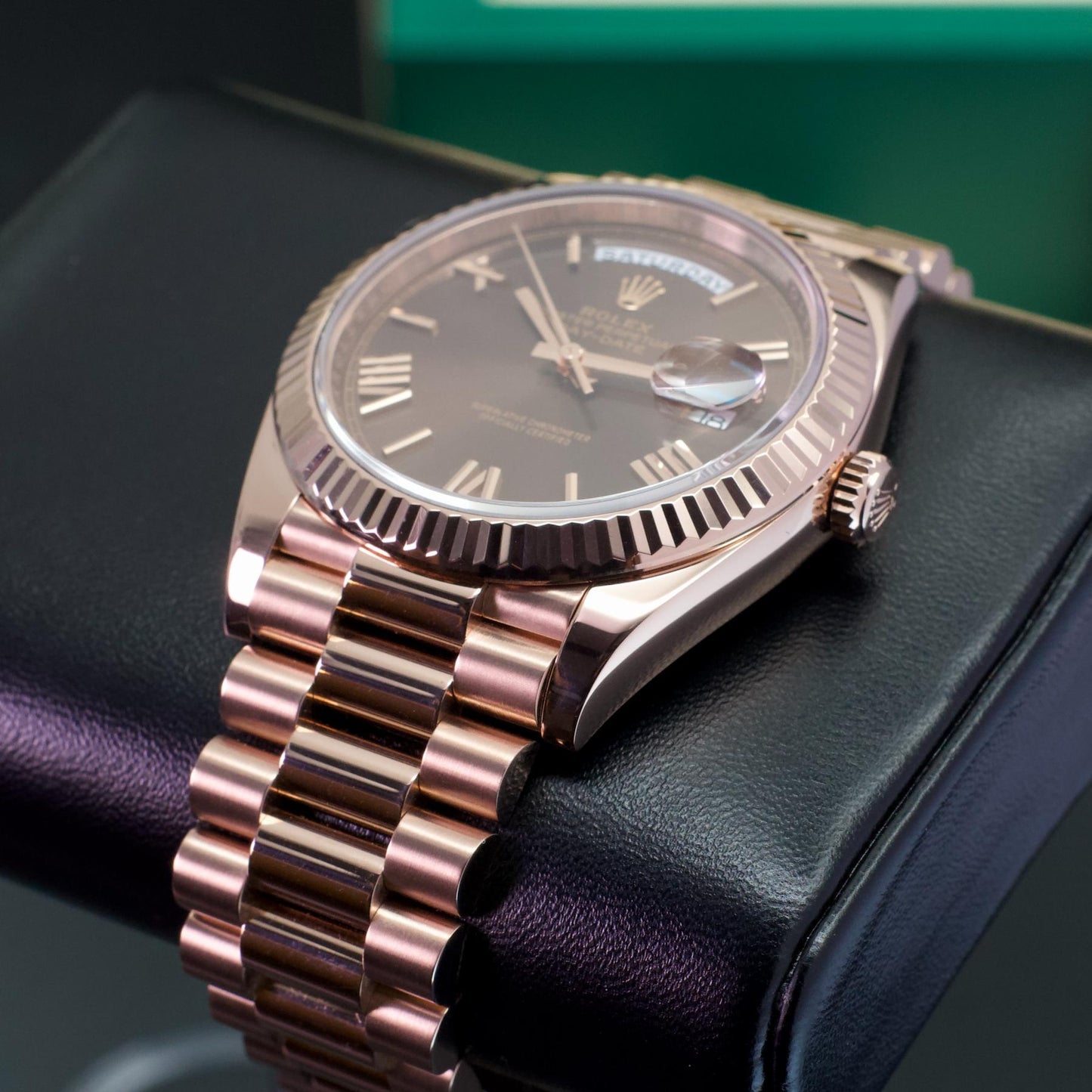 Rolex Day-Date 228235 40mm Everose Gold Chocolate Dial President Papers