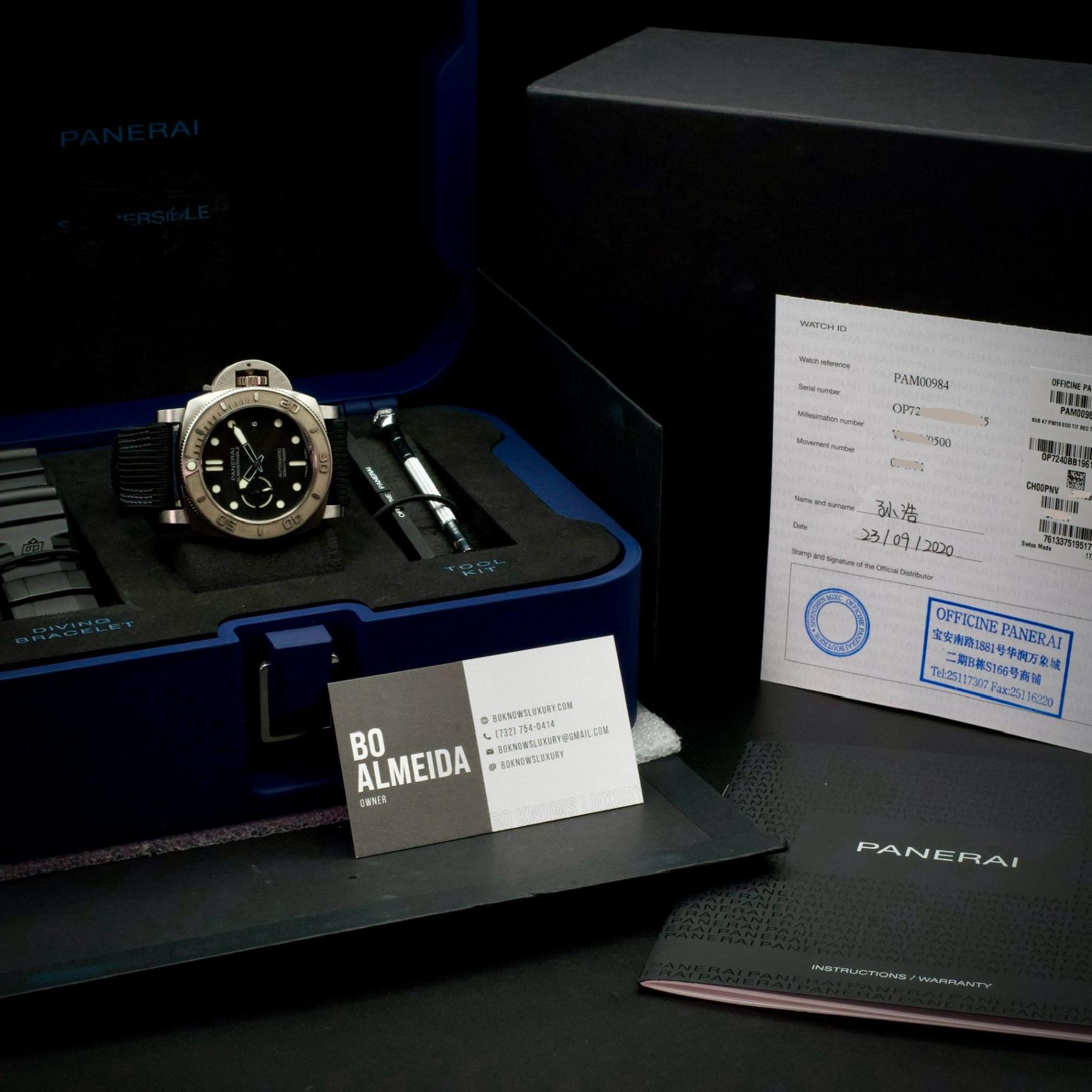 Panerai Submersible Mike Horn Titanium Automatic Black Dial 47mm B & P PAM00984
