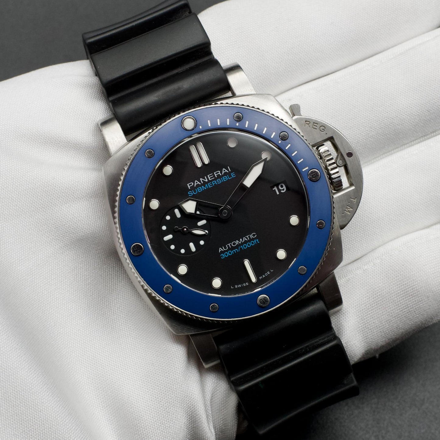 Panerai Luminor PAM01209 Submersible Limited Edition Azzurro Blue held in hand