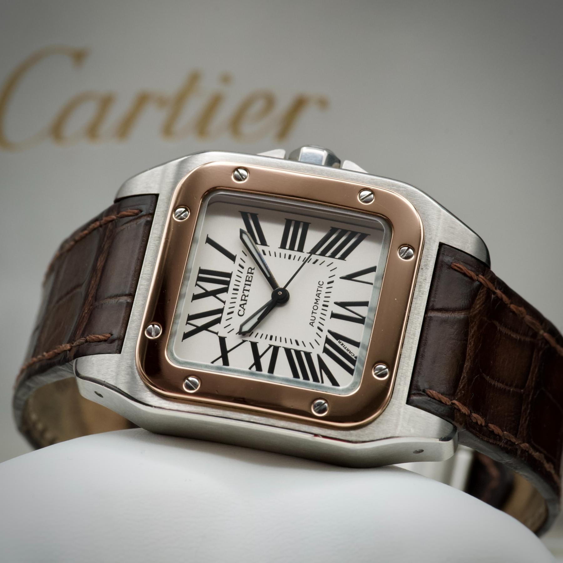 Cartier Santos 100 Medium W20107X7 Steel Rose Gold 44mm Silver Dial Box Papers
