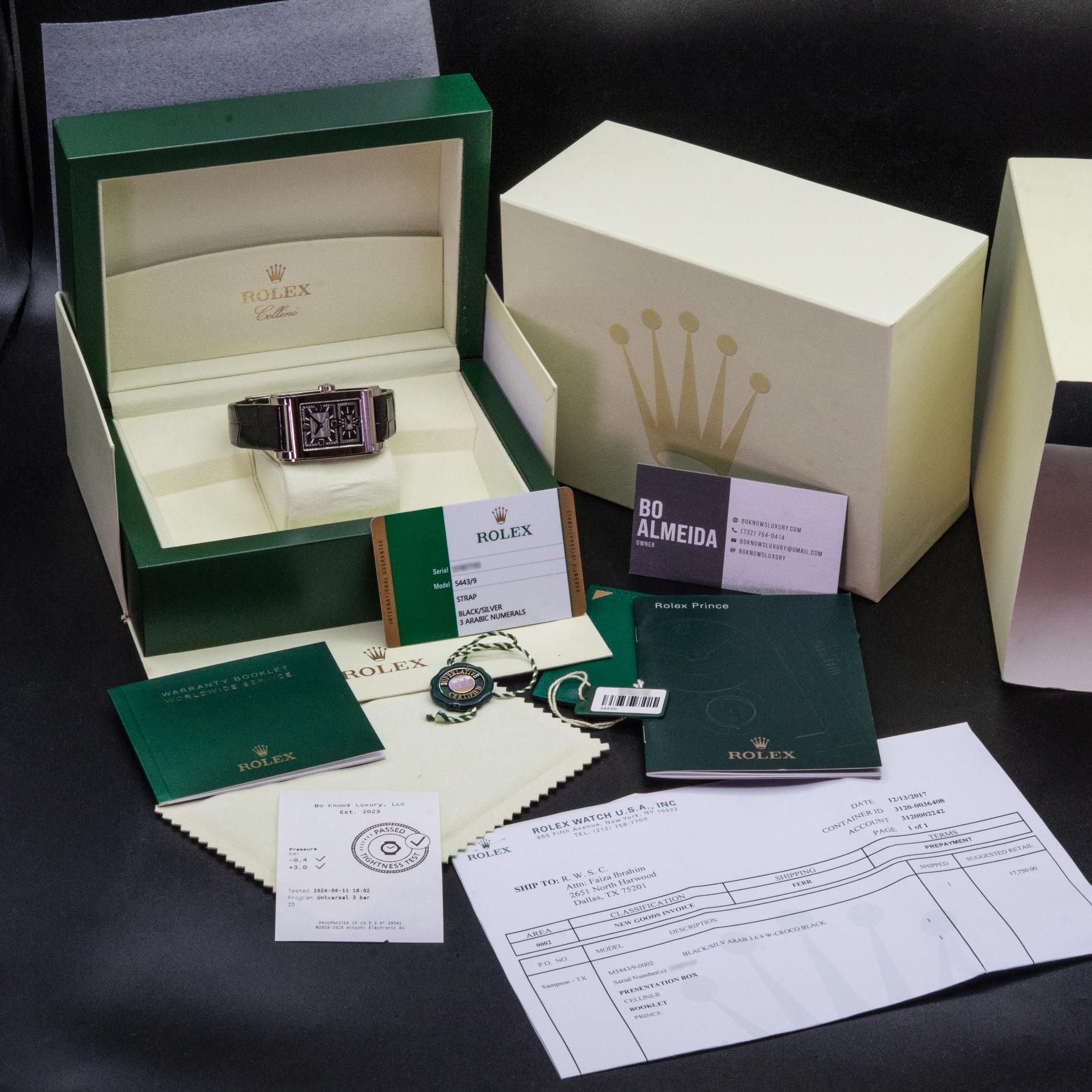 Rolex Cellini Prince 5443/9 18K White Gold Black Guilloche Dial Box Papers 2017