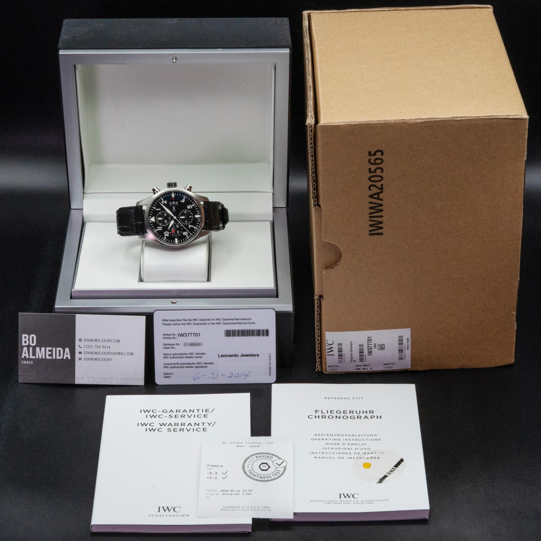 IWC Pilot's Watch Chronograph IW377701 43mm Steel Black Dial Box Papers 2014