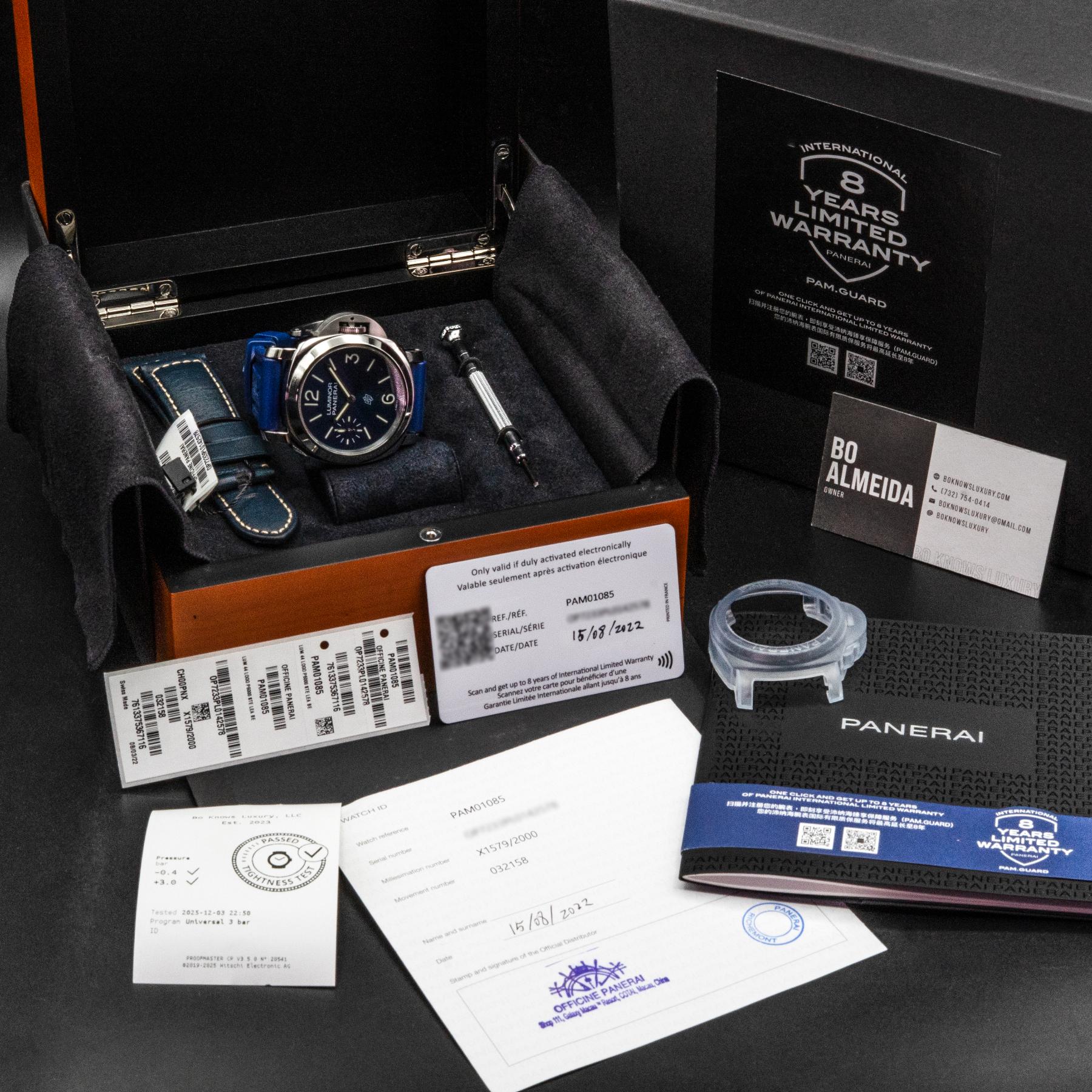 Panerai PAM01085 Luminor Logo Blu Mare 44mm Steel Blue Sunburst Dial