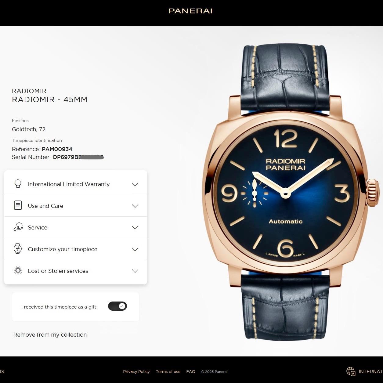 Panerai PAM00934 Radiomir 1940 3 Days Automatic Micro Rotor Gold Blue Limited BP