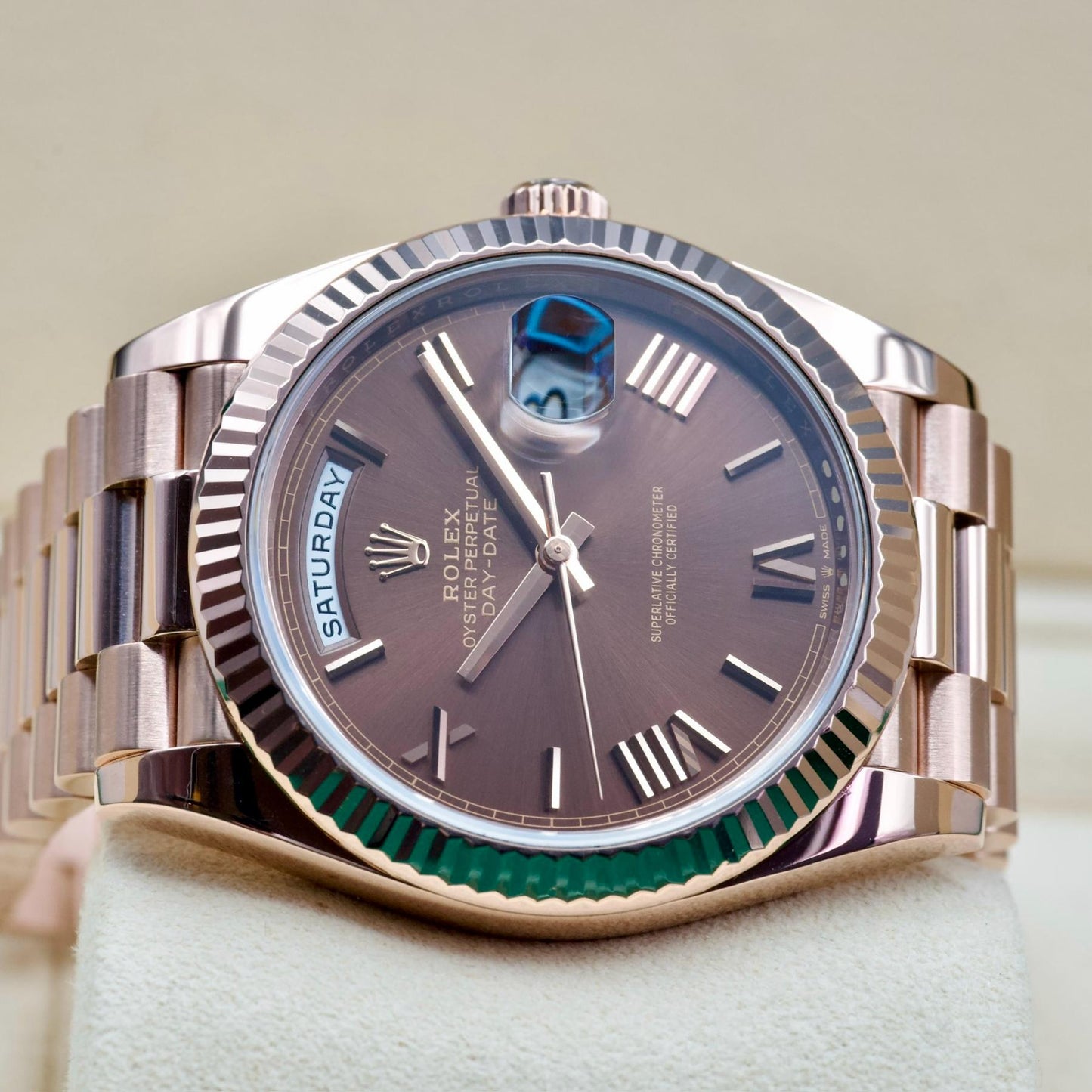 Rolex Day-Date 228235 40mm Everose Gold Chocolate Dial President Papers