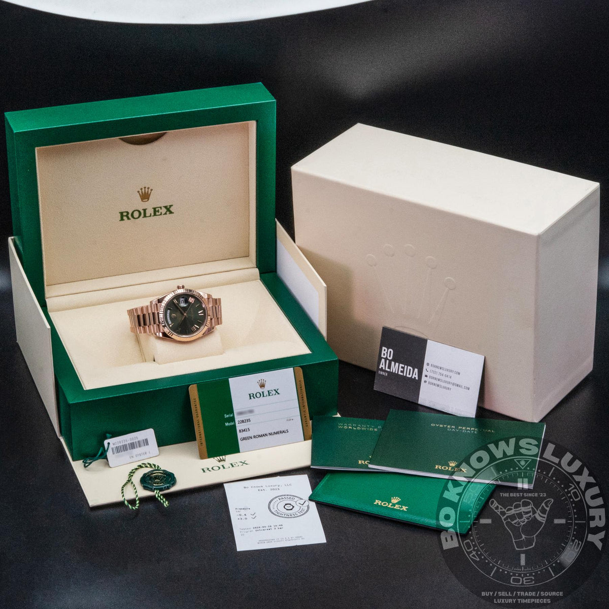 Rolex Day-Date 40 228235 40mm 18K Everose Gold Olive Green Roman Box Papers 2019