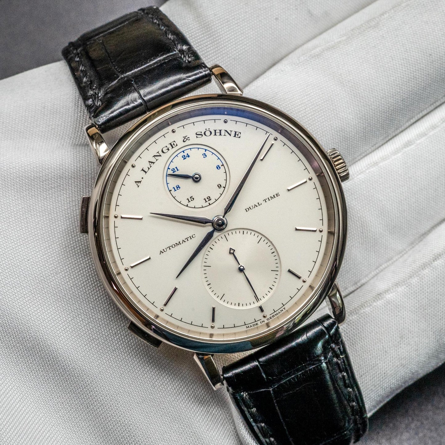 A. Lange & Sohne Saxonia Dual Time 385.026 40mm White Gold Box Papers 2015