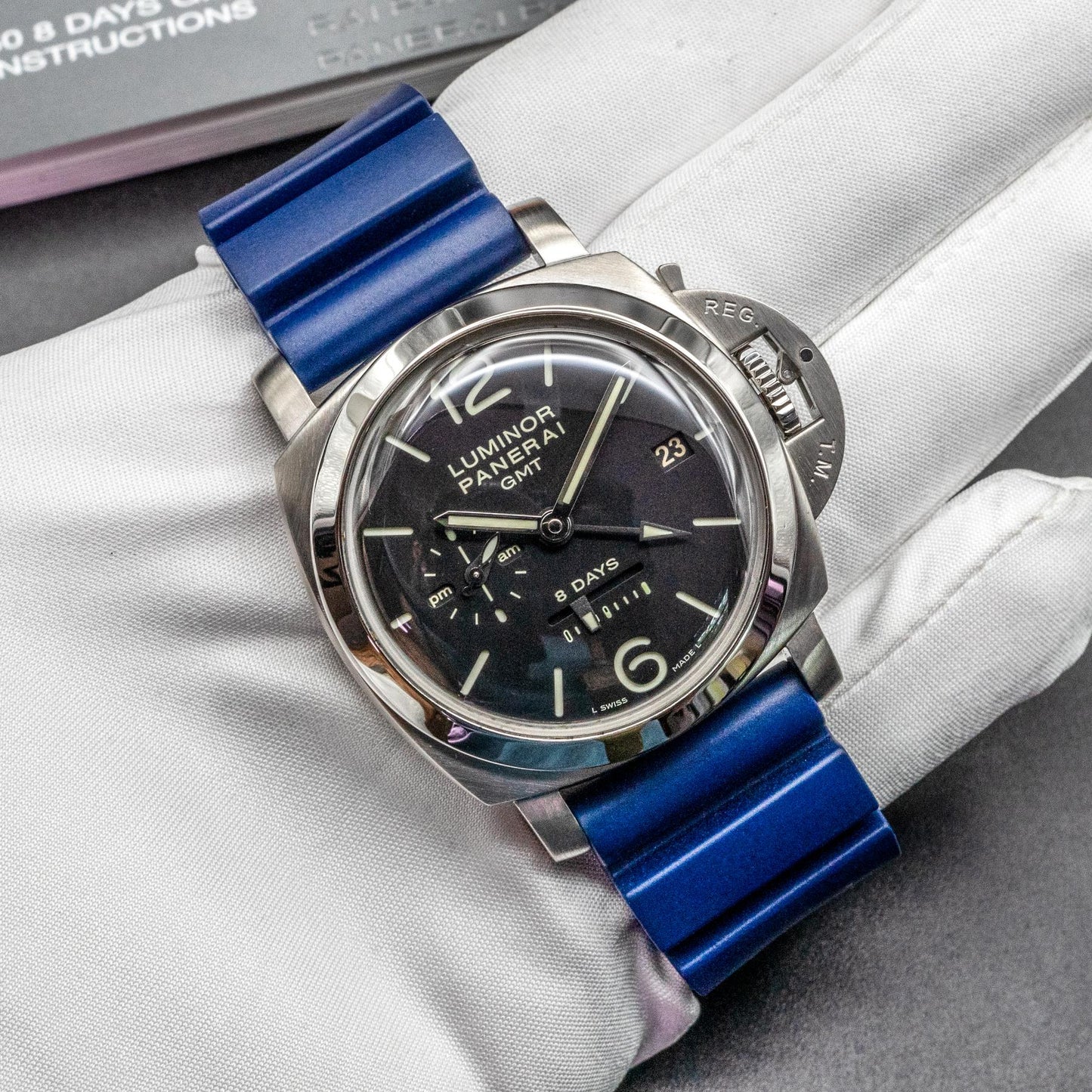 Panerai Luminor 1950 8 Days GMT PAM00233 44mm Steel Black Dial Box Papers 2014