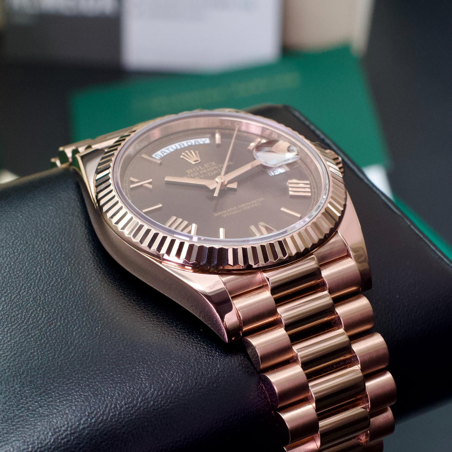 Rolex Day-Date 228235 40mm Everose Gold Chocolate Dial President Papers