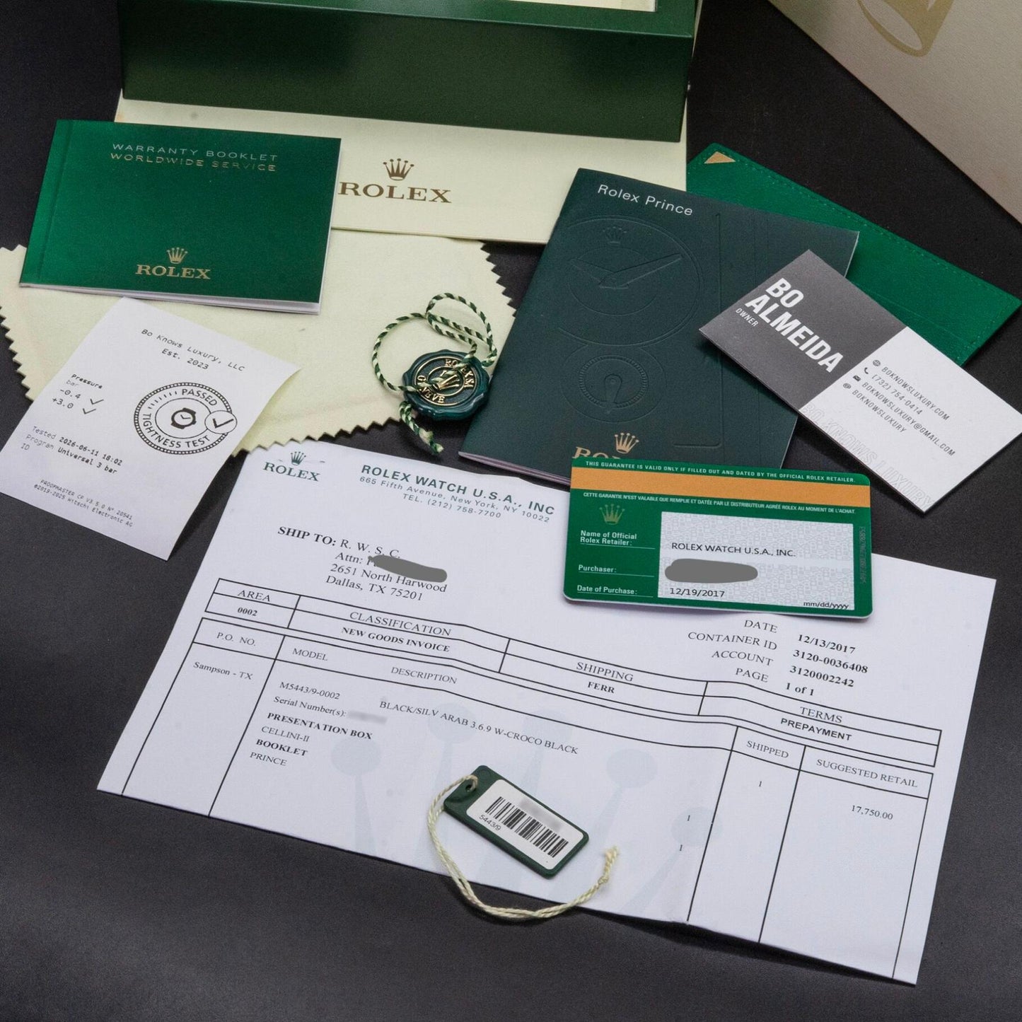 Rolex Cellini Prince 5443/9 18K White Gold Black Guilloche Dial Box Papers 2017