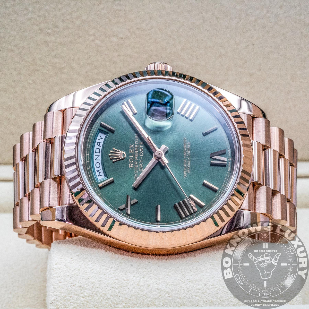 Rolex Day-Date 40 228235 40mm 18K Everose Gold Olive Green Roman Box Papers 2019