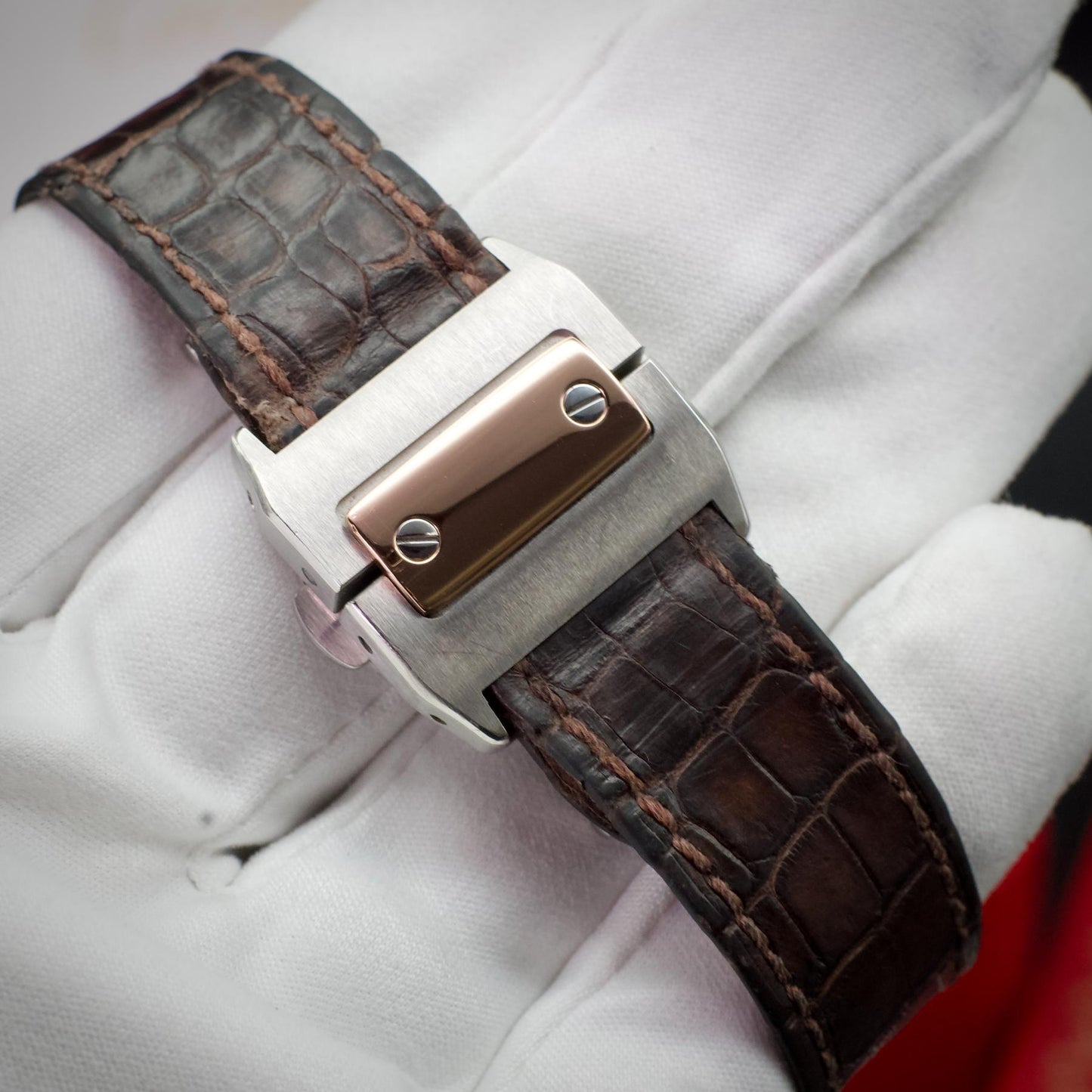 Cartier Santos 100 Medium W20107X7 Steel Rose Gold 44mm Silver Dial Box Papers