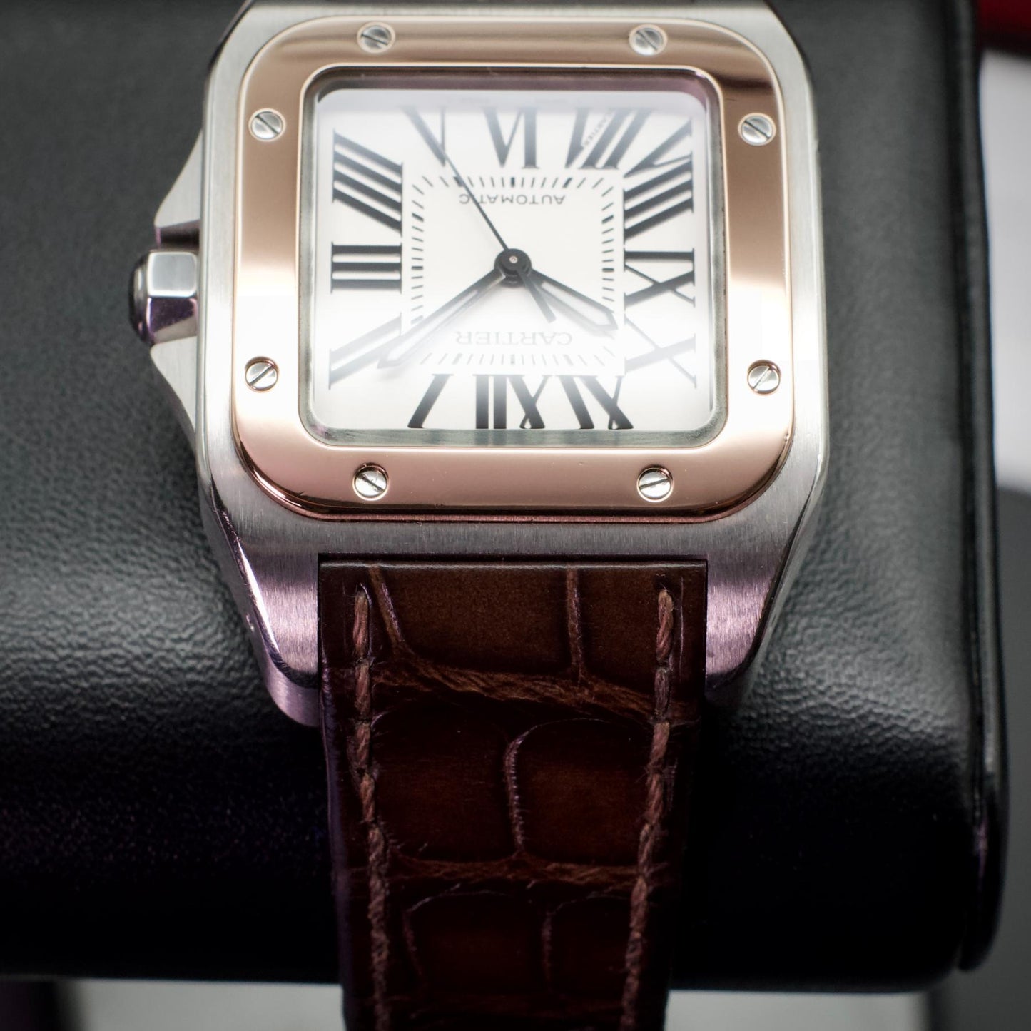 Cartier Santos 100 Medium W20107X7 Steel Rose Gold 44mm Silver Dial Box Papers