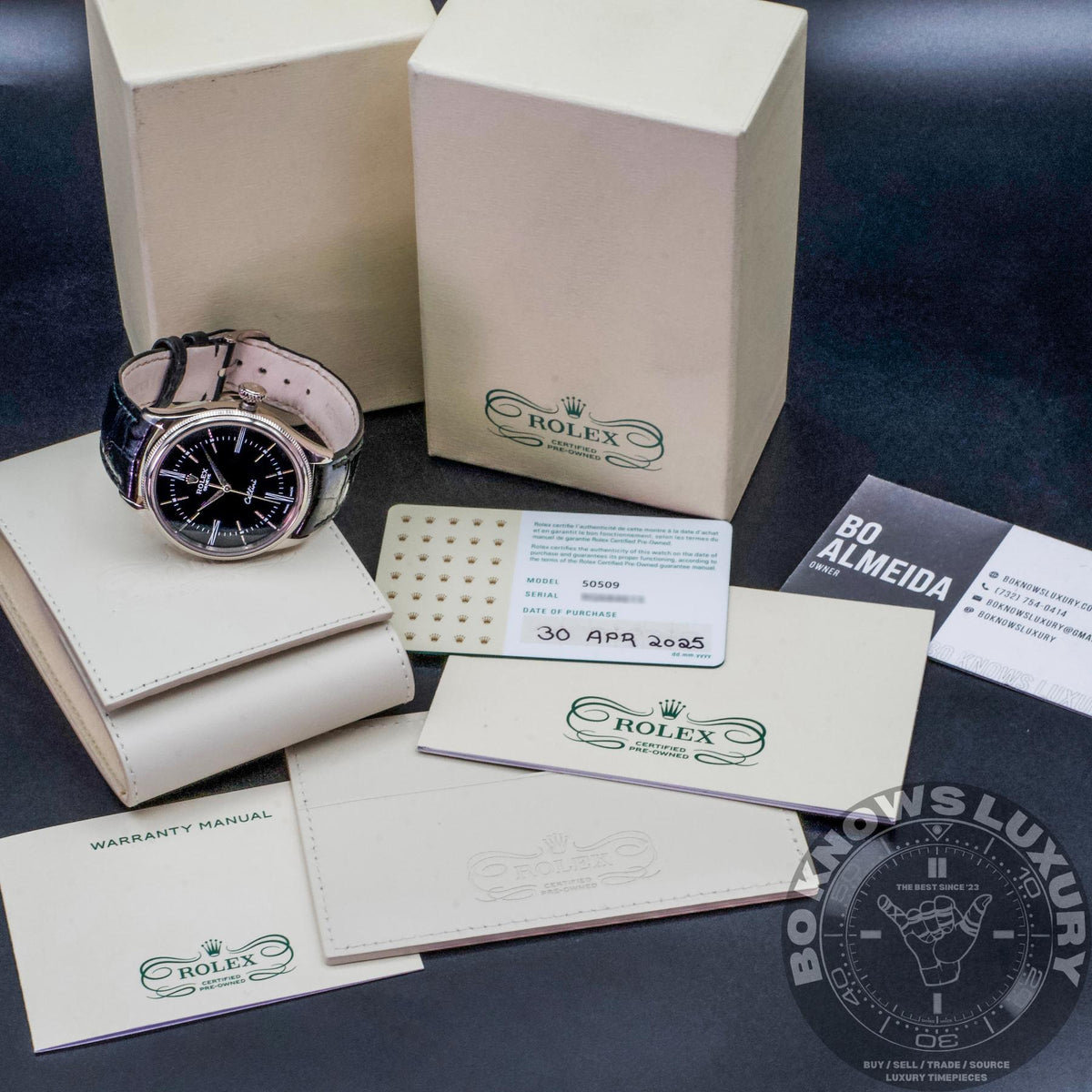 Rolex Cellini Time 50509 39mm 18K White Gold Black Roman Dial Box Papers CPO