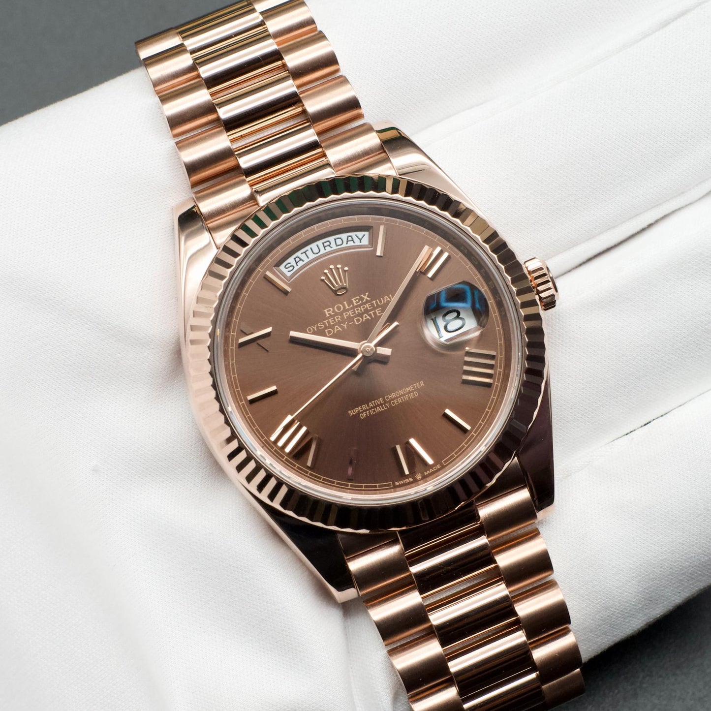 Rolex Day-Date 228235 40mm Everose Gold Chocolate Dial President Papers