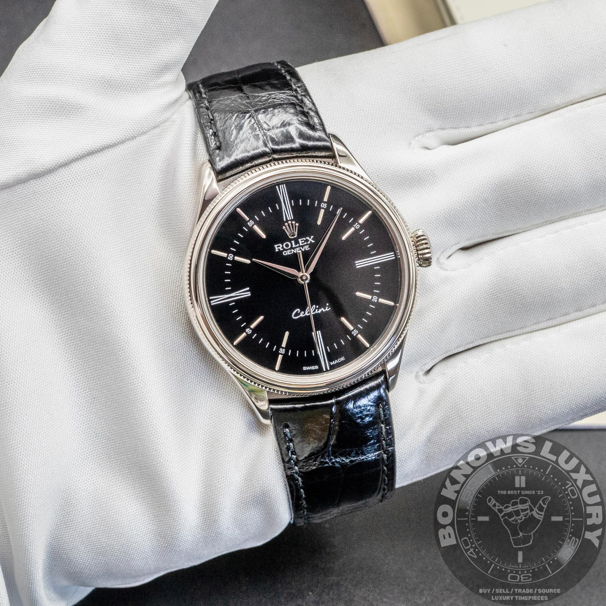 Rolex Cellini Time 50509 39mm 18K White Gold Black Roman Dial Box Papers CPO