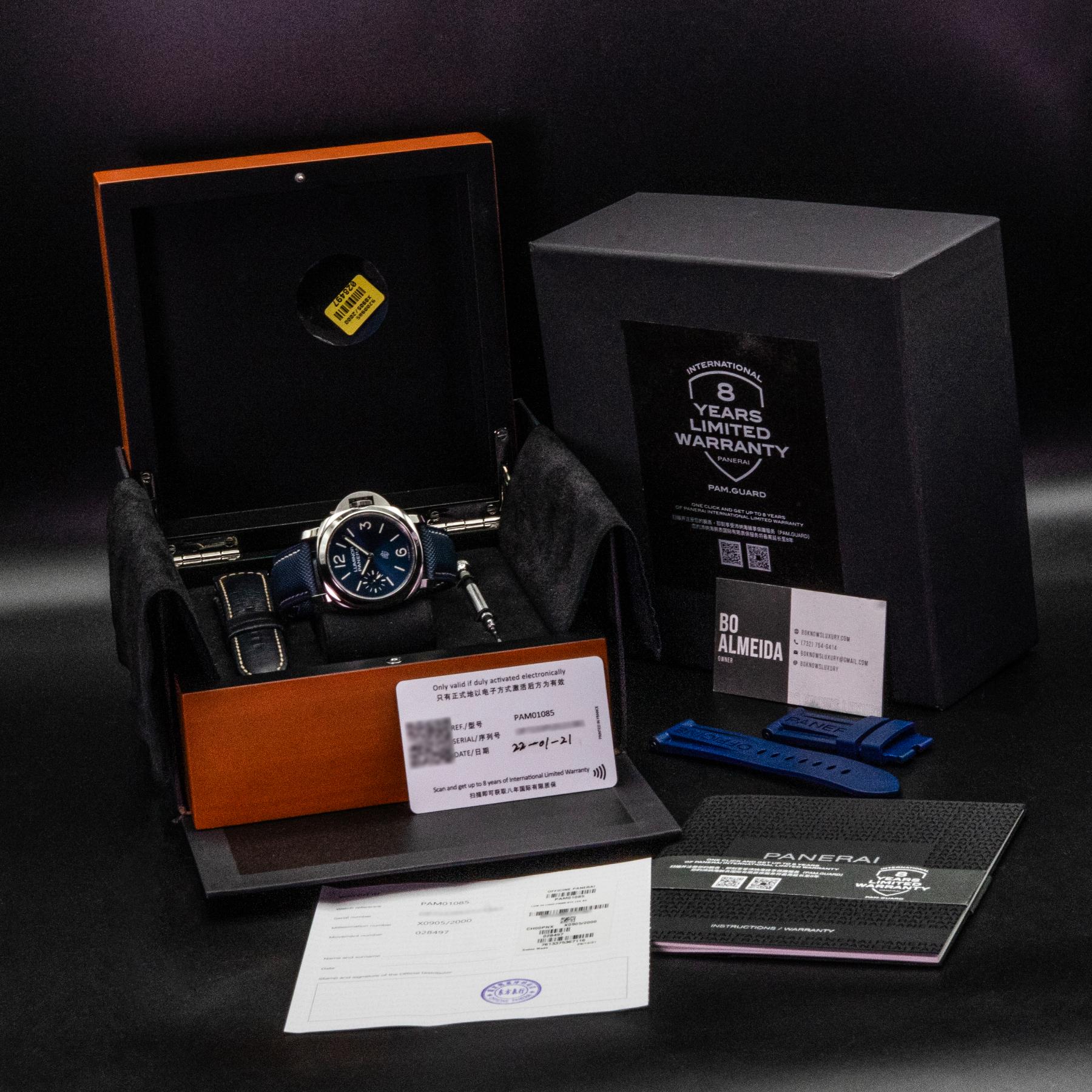Panerai Luminor Blu Mare PAM01085 44mm Steel Blue Dial Box Papers 2021