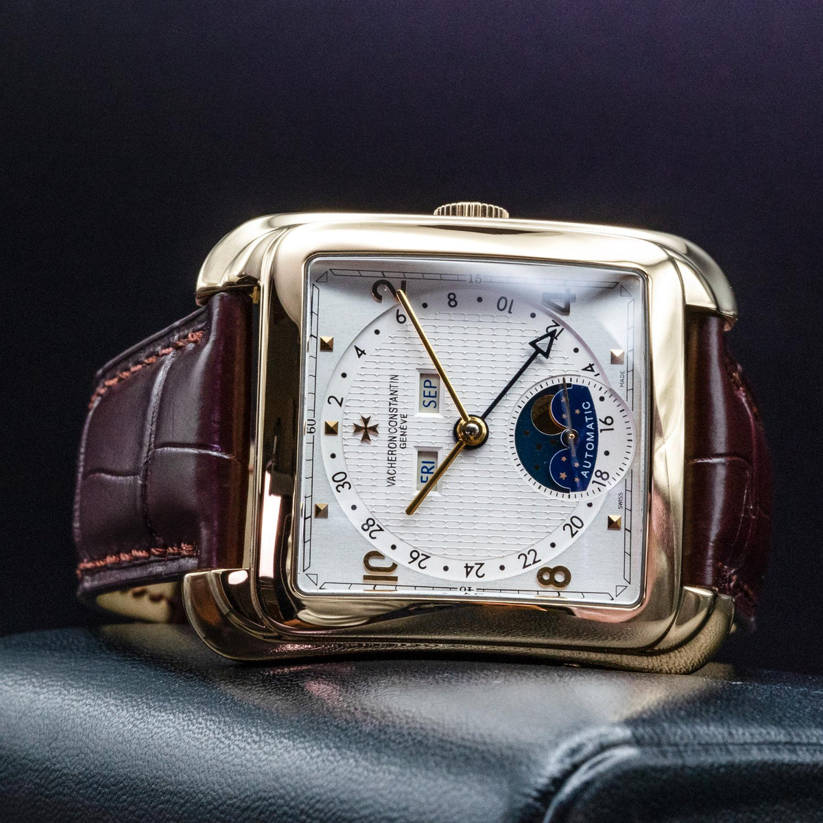 Vacheron Constantin Toledo 1952 47300 Rose Gold Silver Guilloche Dial Moonphase