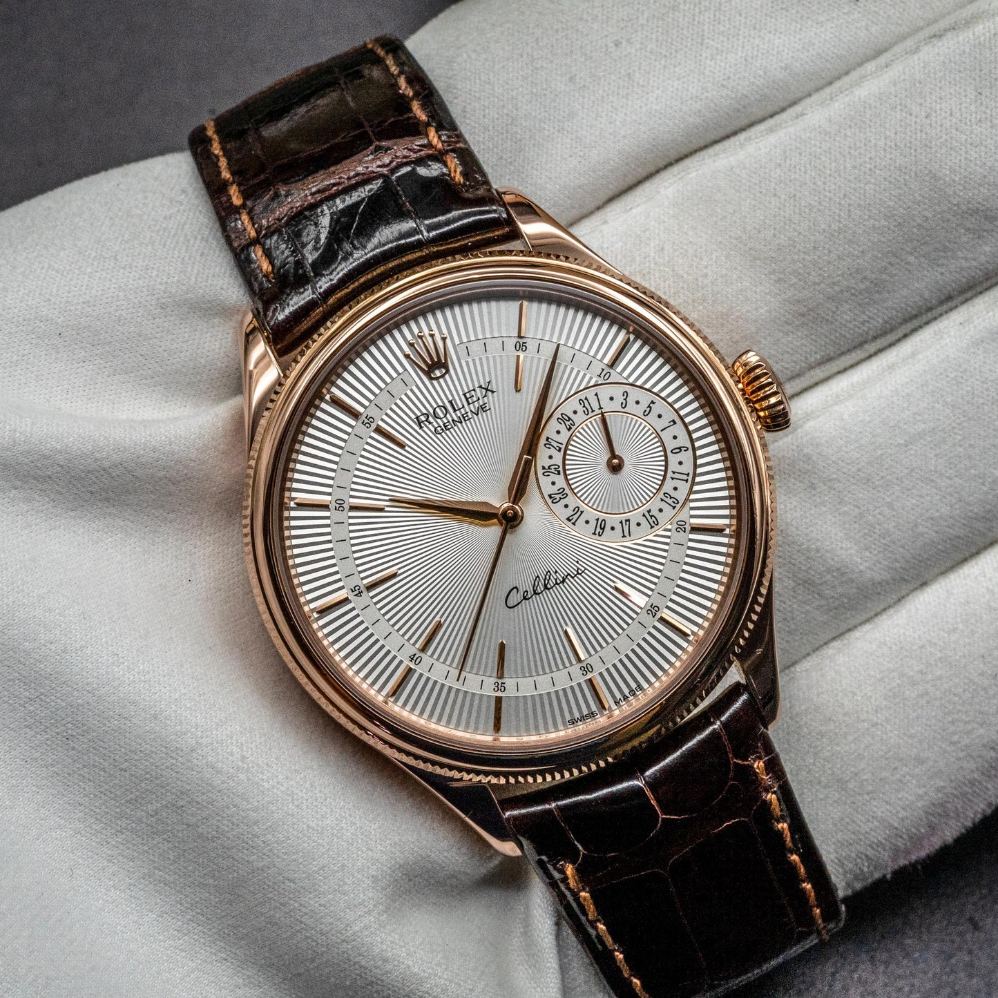 Rolex Cellini Date 50515 39mm Everose Gold Silver Guilloche Dial Box Papers 2018