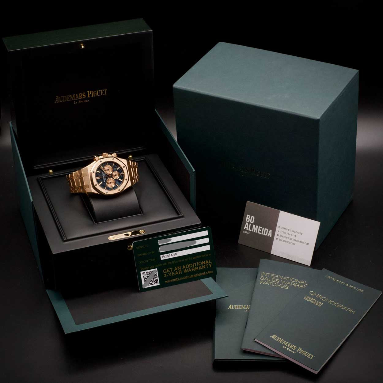 Audemars Piguet Royal Oak Chronograph 41 Rose Gold Blue Dial 26331OR Box Papers
