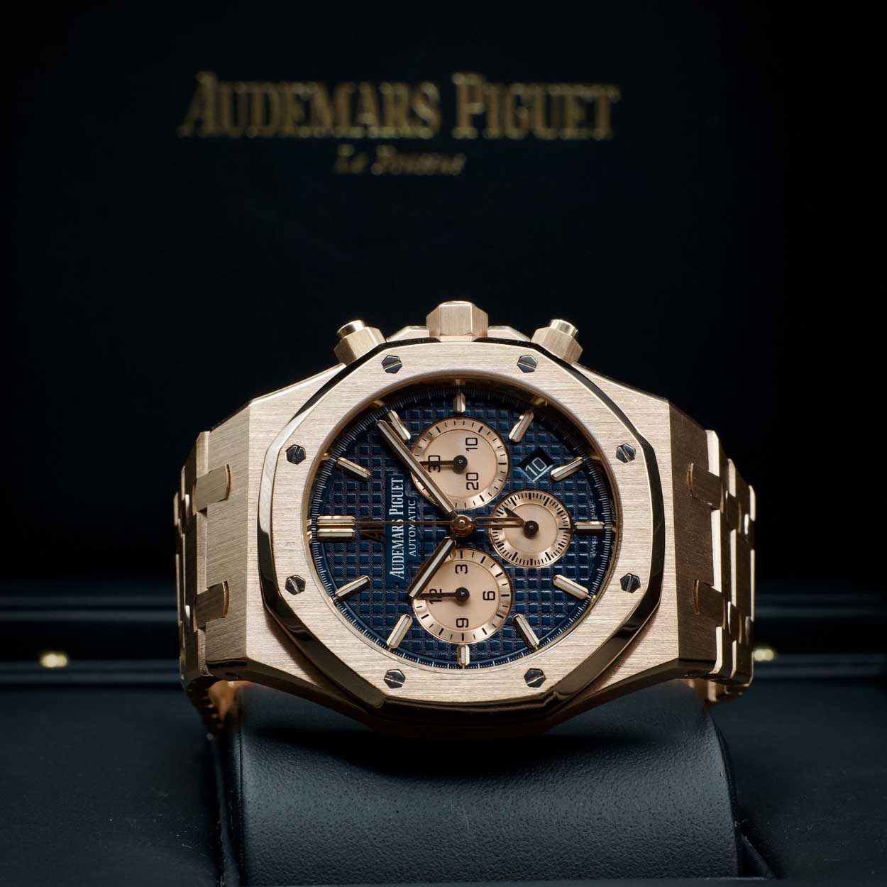 Audemars Piguet Royal Oak Chronograph 41 Rose Gold Blue Dial 26331OR Box Papers