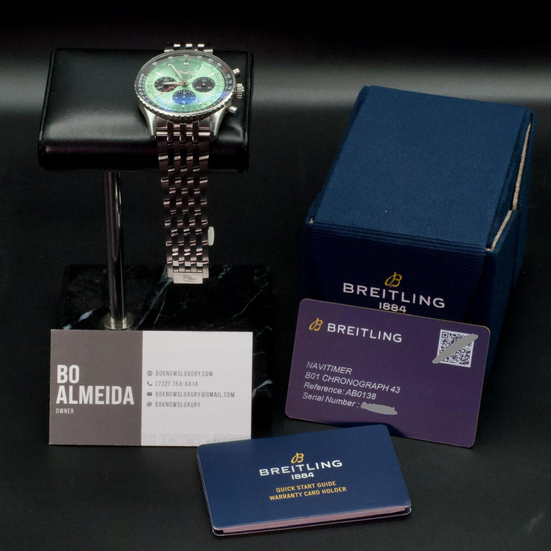 Breitling Navitimer B01 AB0138241L1A1 43mm Mint Green Dial Steel Box Papers