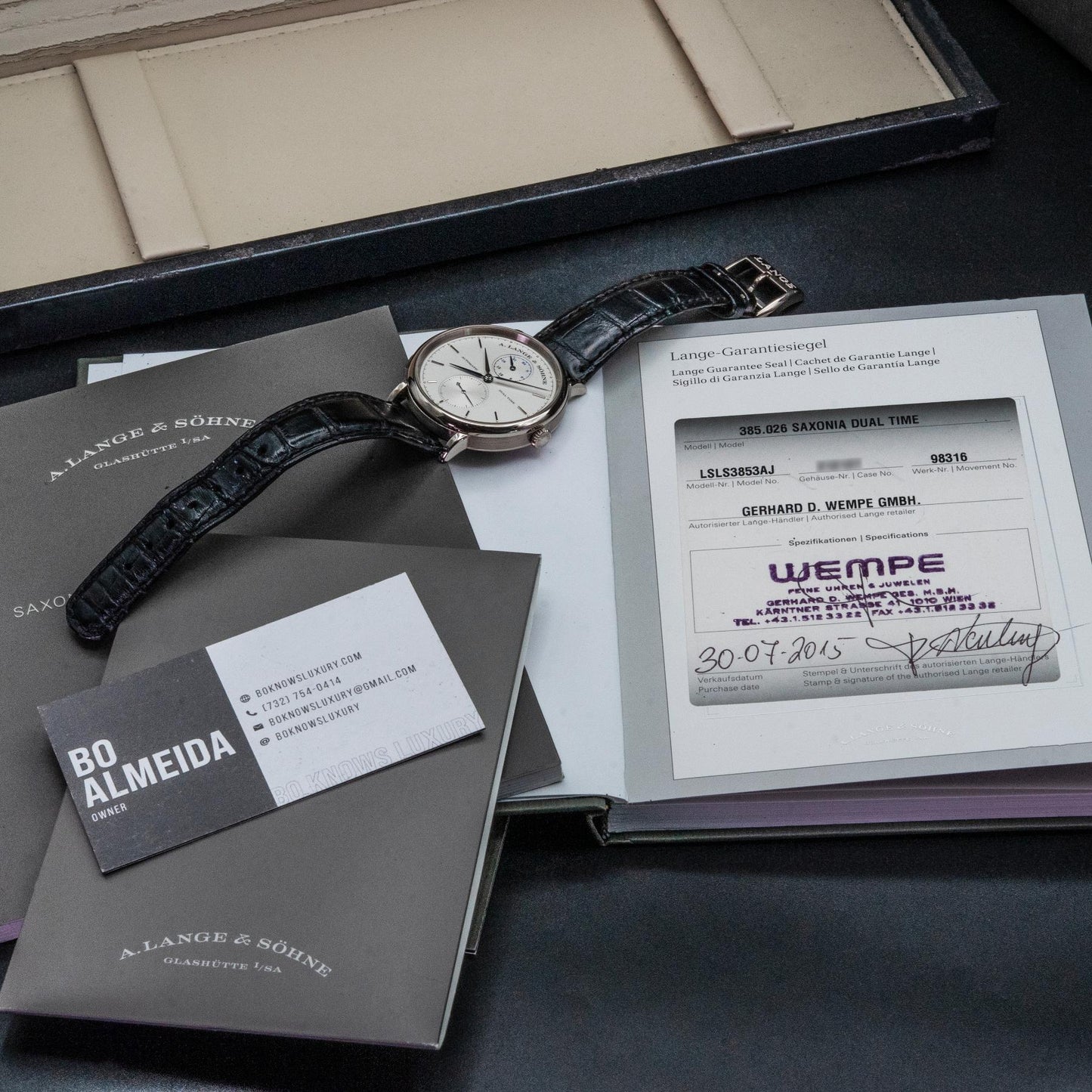 A. Lange & Sohne Saxonia Dual Time 385.026 40mm White Gold Box Papers 2015