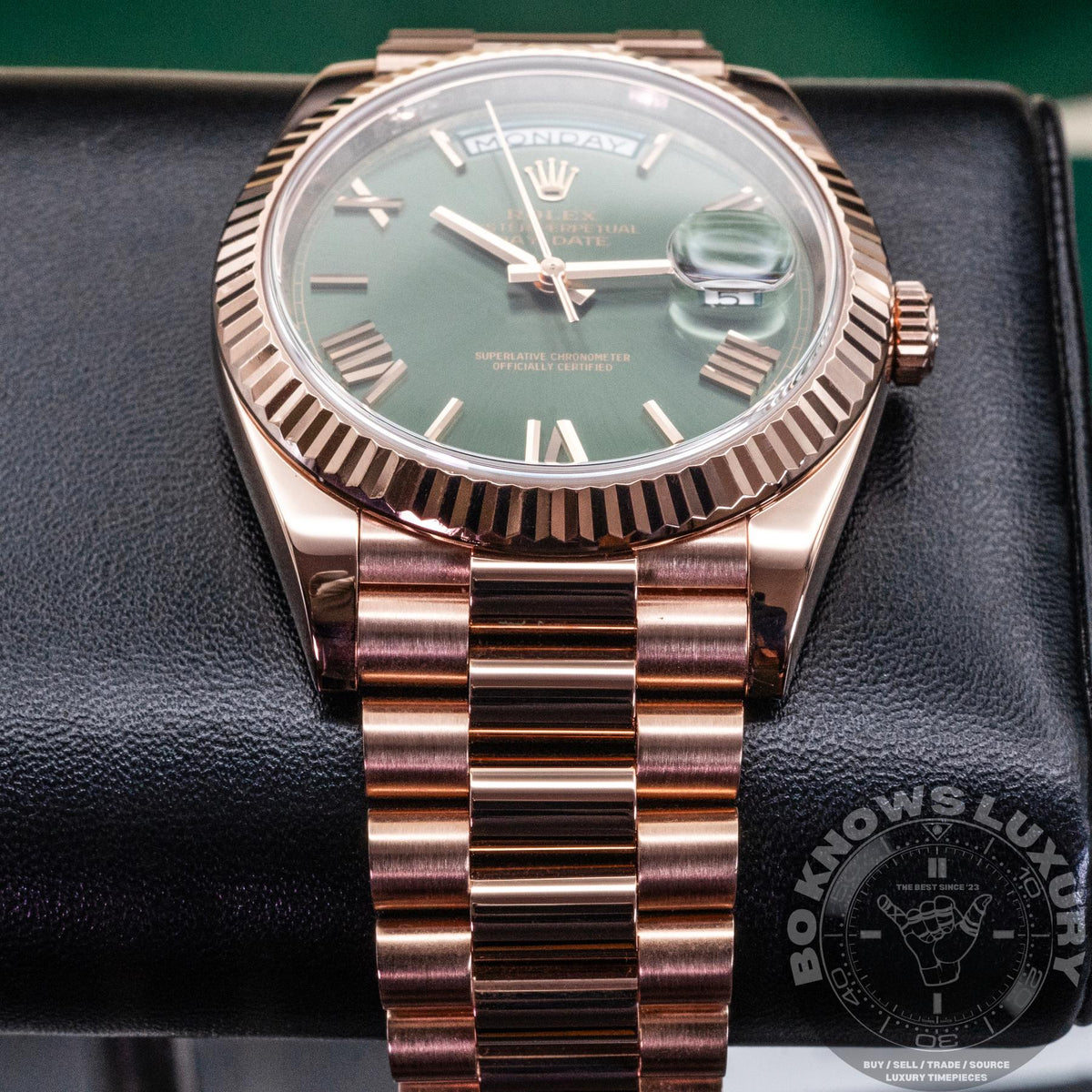 Rolex Day-Date 40 228235 40mm 18K Everose Gold Olive Green Roman Box Papers 2019