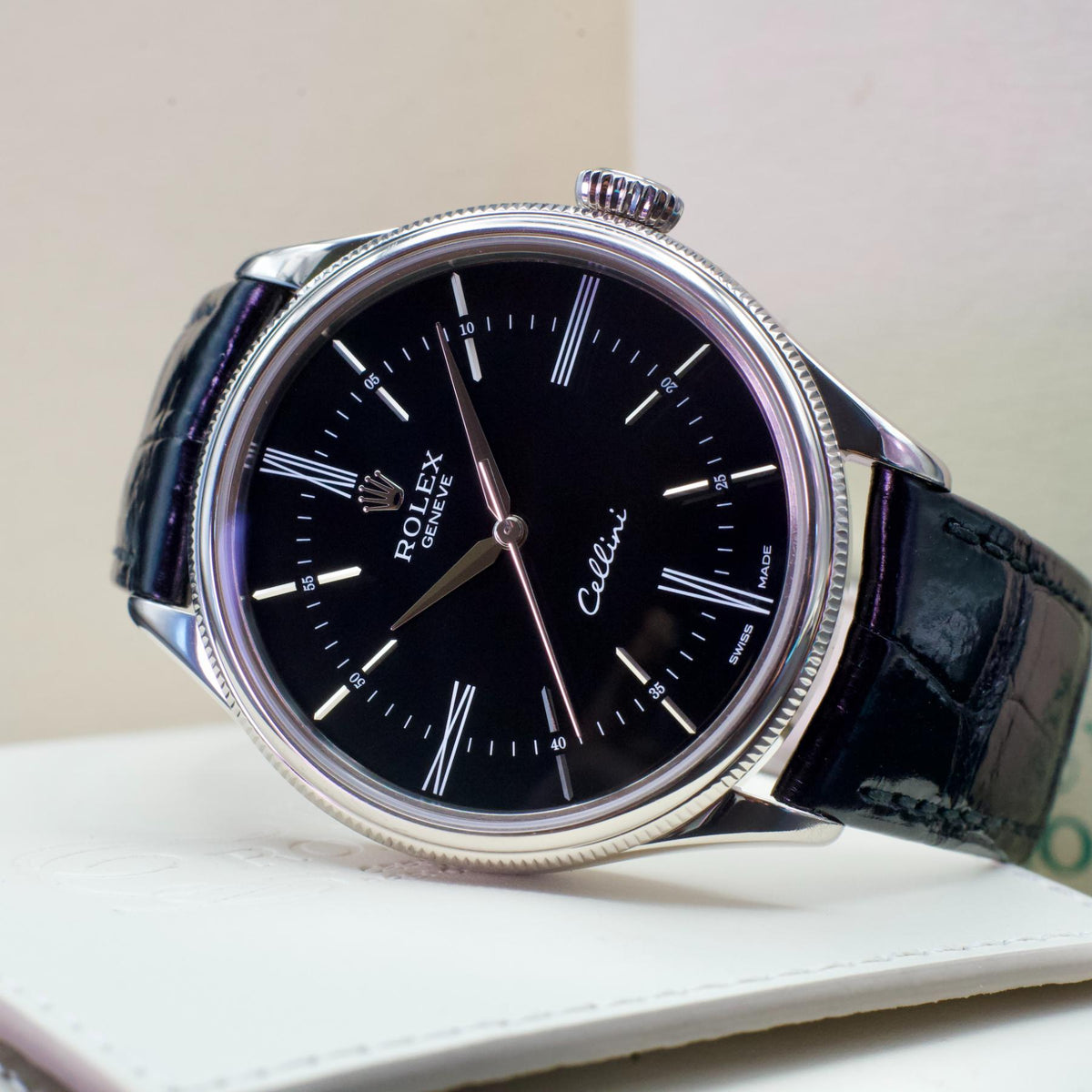 Rolex Cellini Time 50509 39mm 18K White Gold Black Roman Dial Box Papers CPO