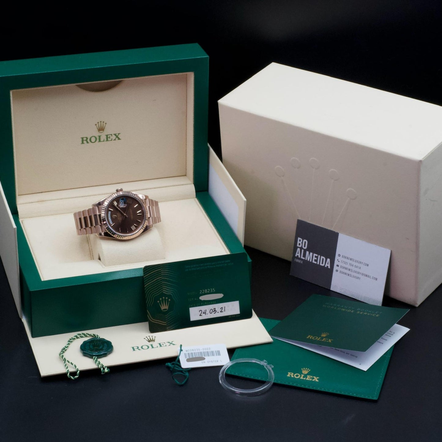 Rolex Day-Date 228235 40mm Everose Gold Chocolate Dial President Papers