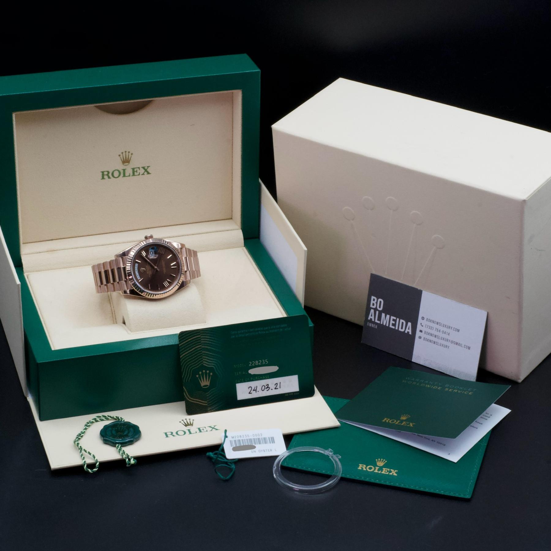 Rolex Day-Date 228235 40mm Everose Gold Chocolate Dial President Papers