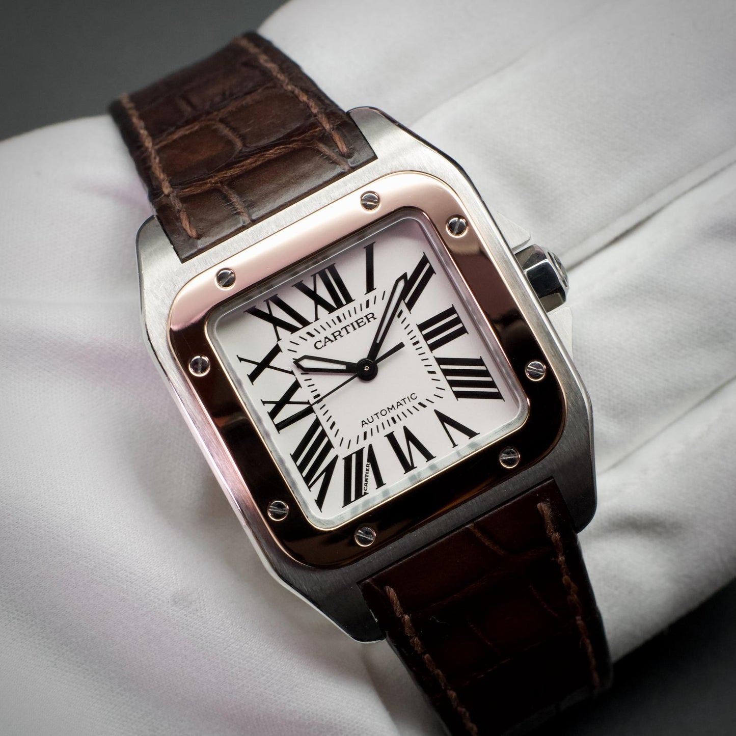 Cartier Santos 100 Medium W20107X7 Steel Rose Gold 44mm Silver Dial Box Papers