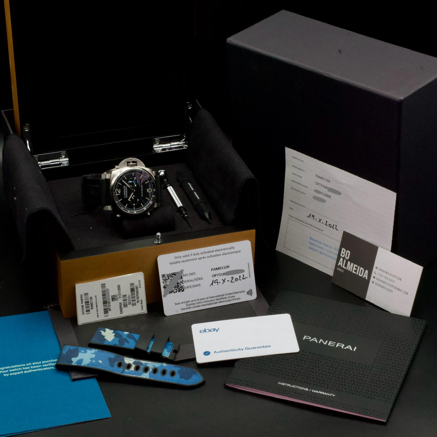 Panerai PAM01109 Luminor Chrono Steel Black Dial 44mm Box Papers