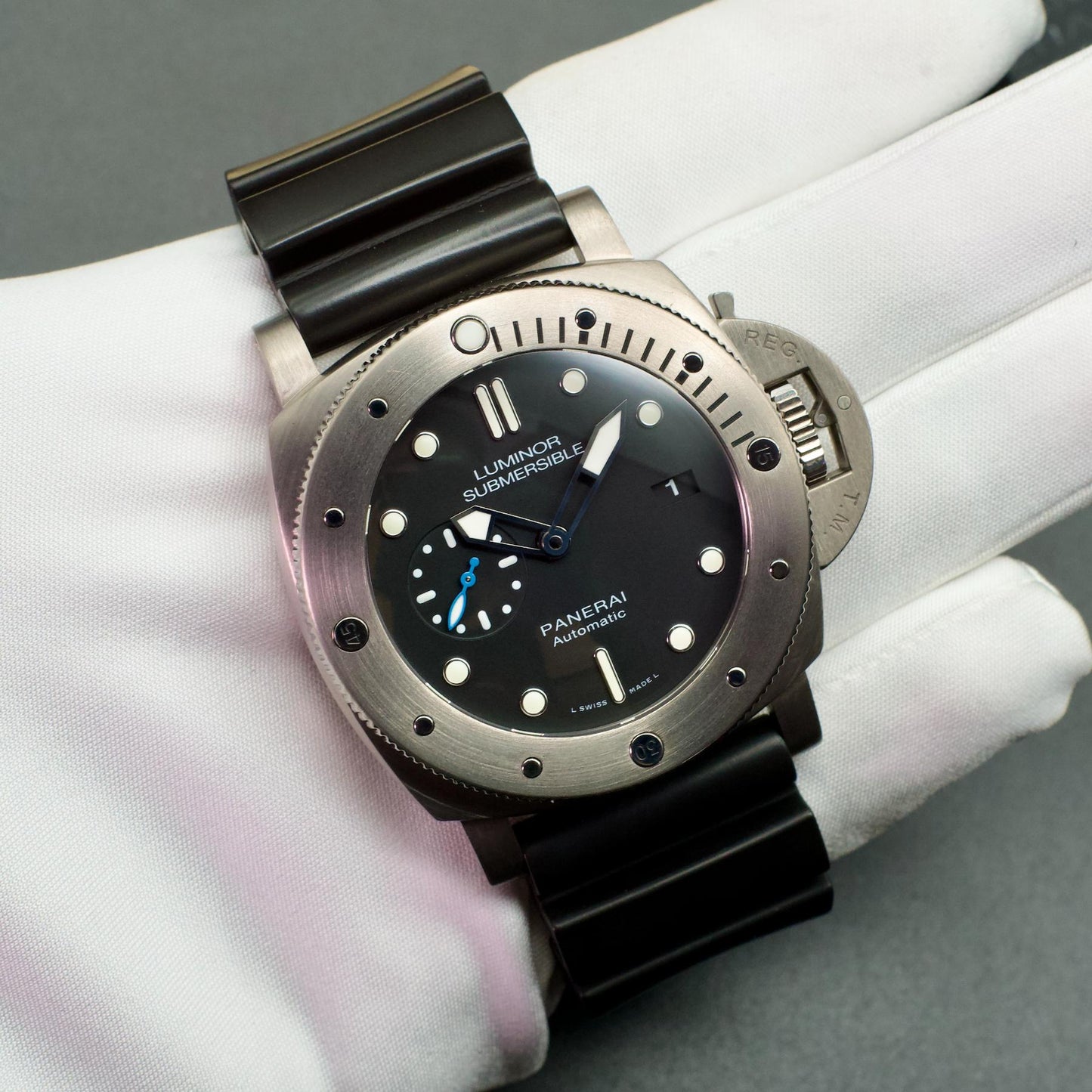 Panerai PAM01305 Luminor Submersible Titanium Black Dial held in hand