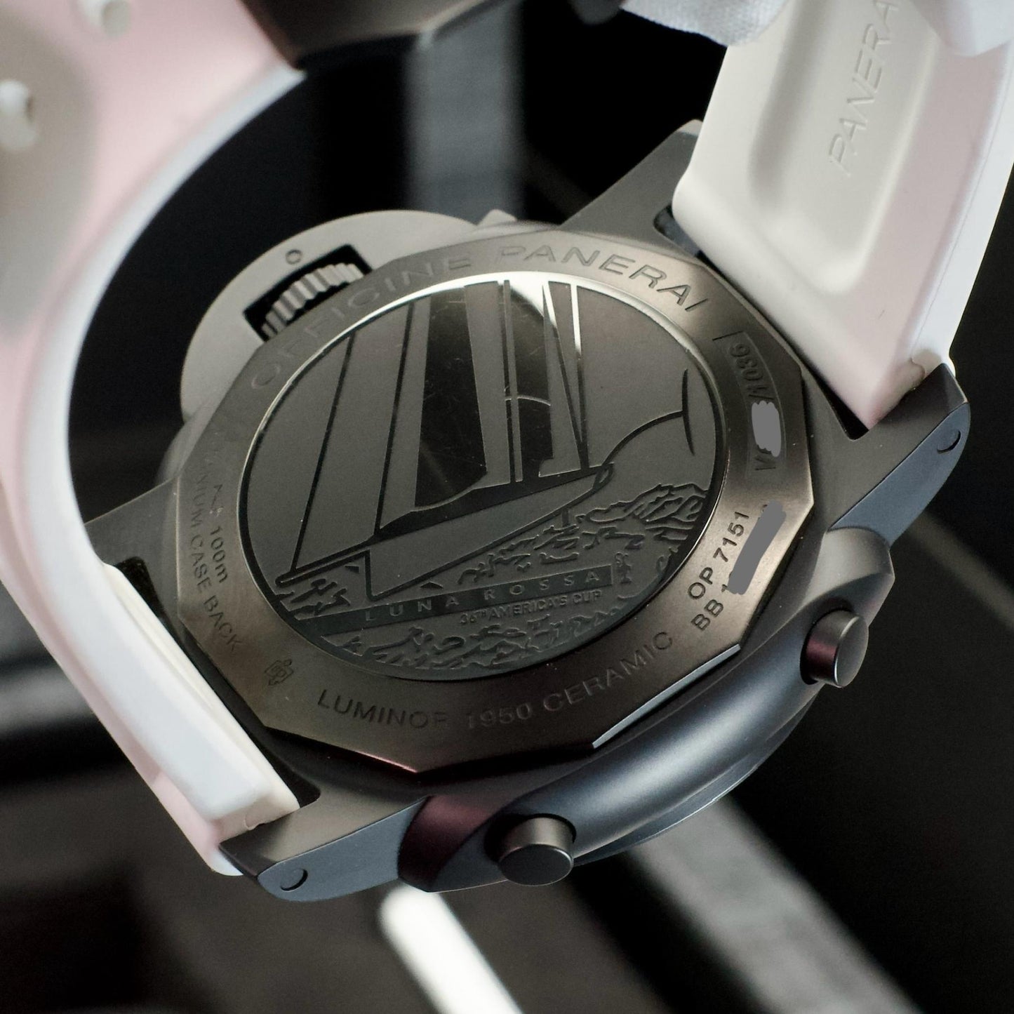 Panerai Luminor 1950 Luna Rossa Grey Dial PAM01037 caseback with boat