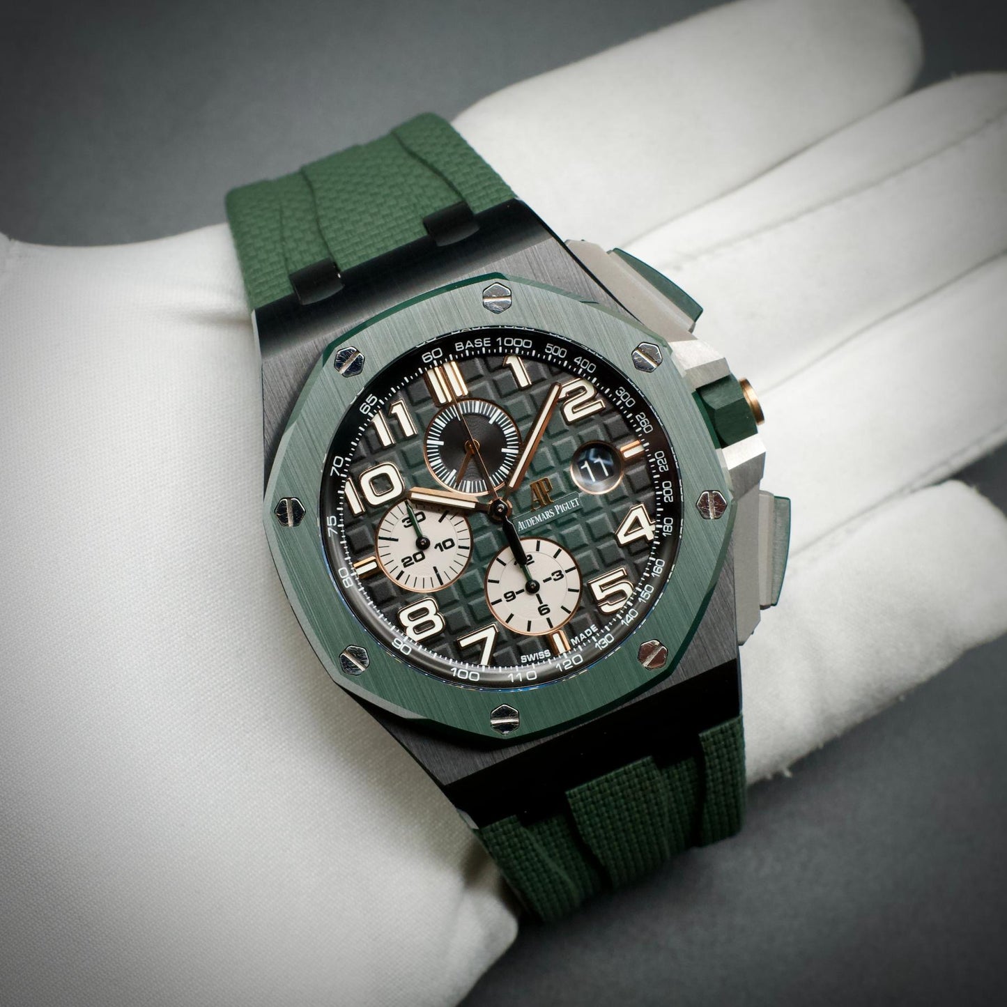 Audemars Piguet Royal Oak Offshore Ceramic Green Dial 26405CE up close in hand