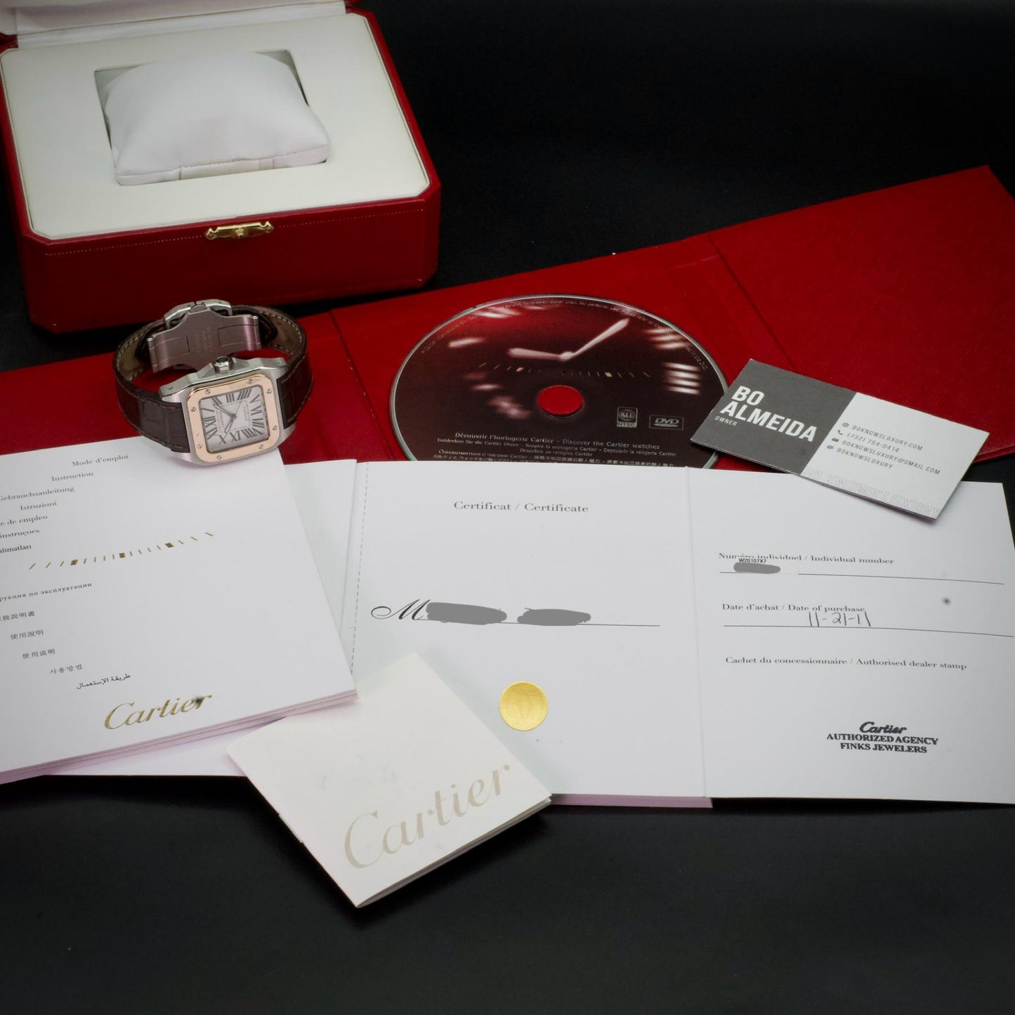 Cartier Santos 100 Medium W20107X7 Steel Rose Gold 44mm Silver Dial Box Papers