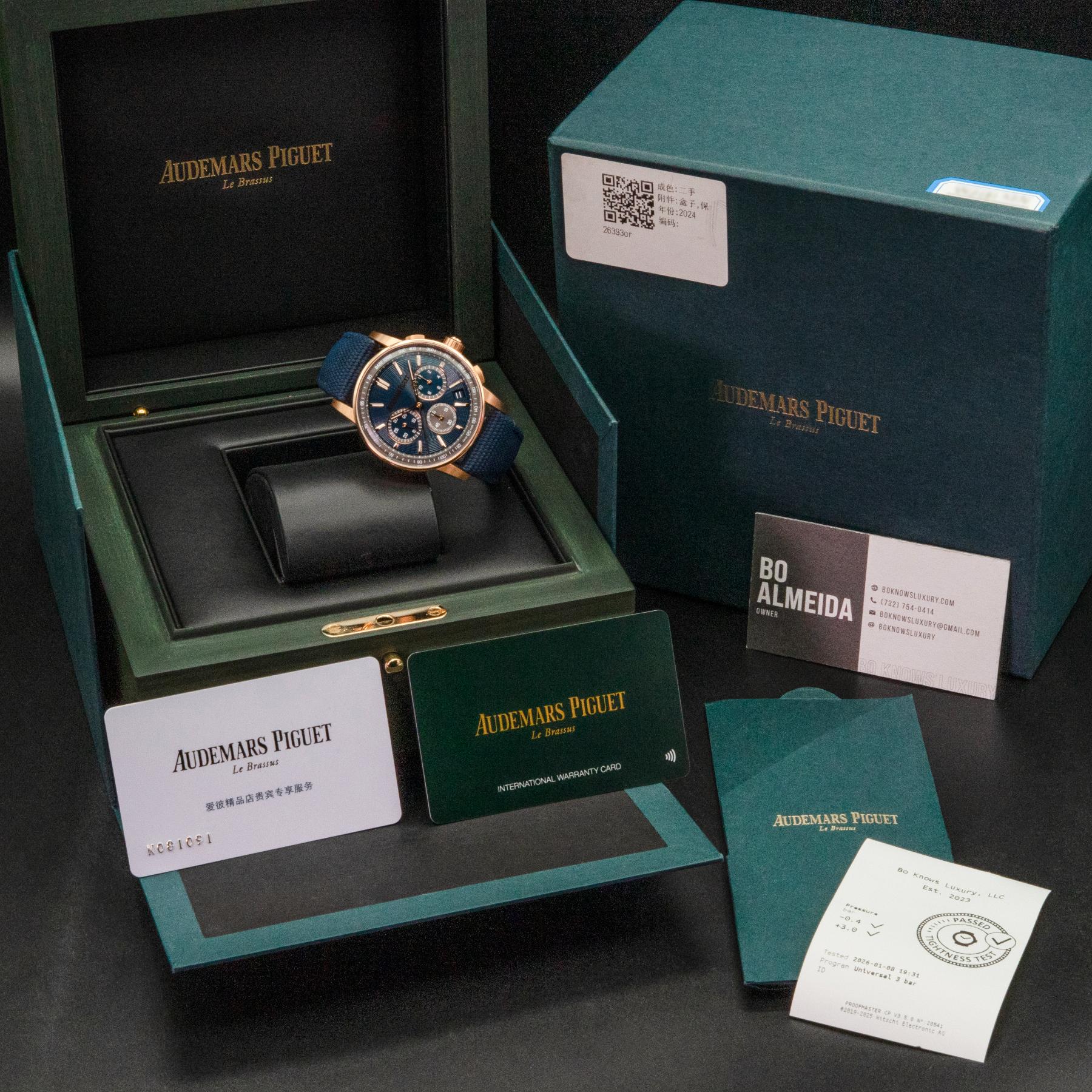 Audemars Piguet Code 11.59 Chrono 26393OR Pink Gold Blue 41mm Papers