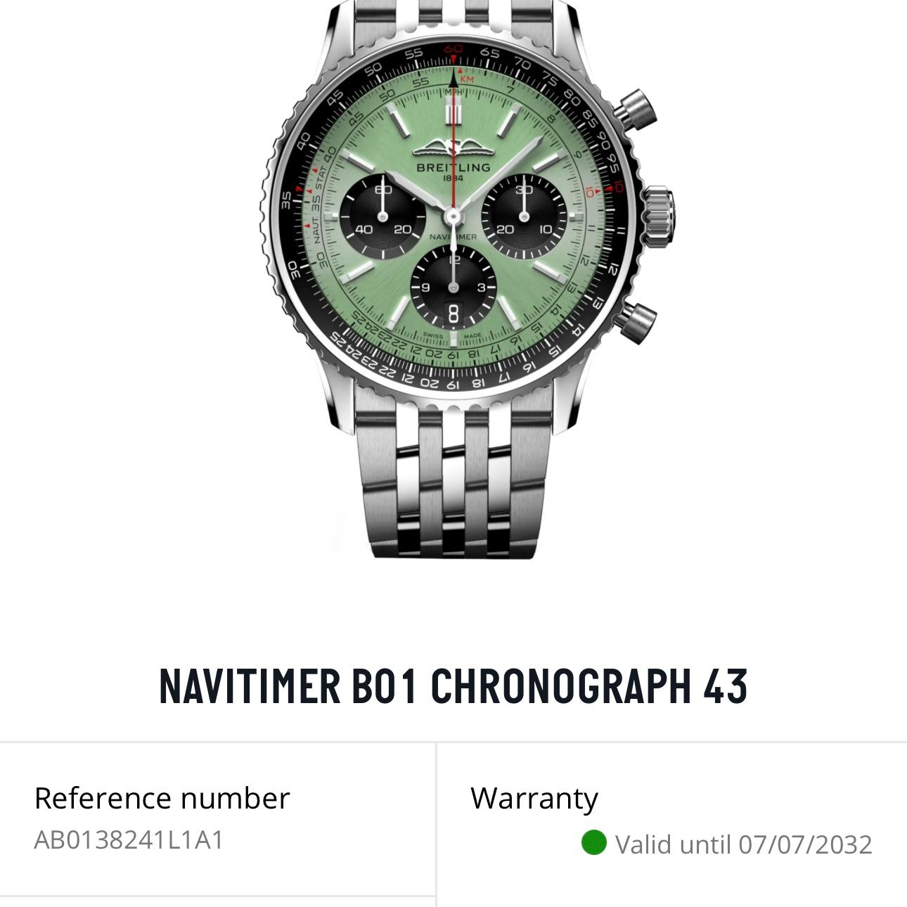 Breitling Navitimer B01 AB0138241L1A1 43mm Mint Green Dial Steel Box Papers