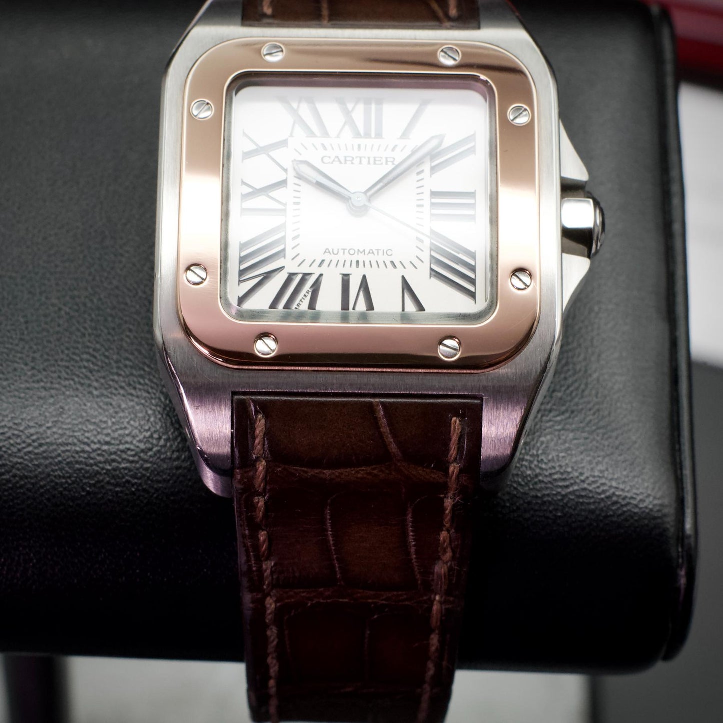 Cartier Santos 100 Medium W20107X7 Steel Rose Gold 44mm Silver Dial Box Papers