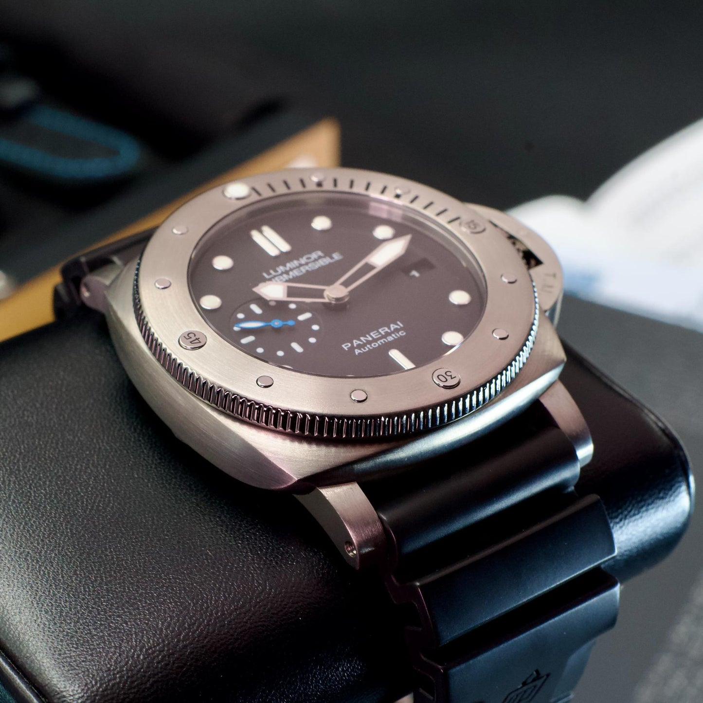 Panerai PAM01305 Luminor Submersible Titanium Black Dial front left view