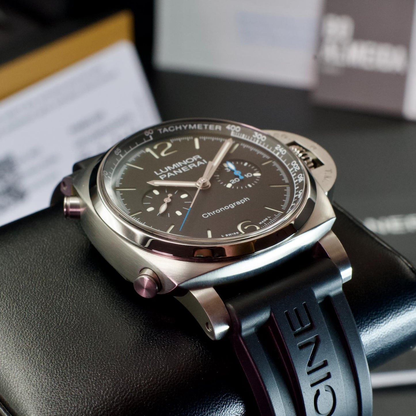 Panerai PAM01109 Luminor Chrono Steel Black Dial 44mm Box Papers