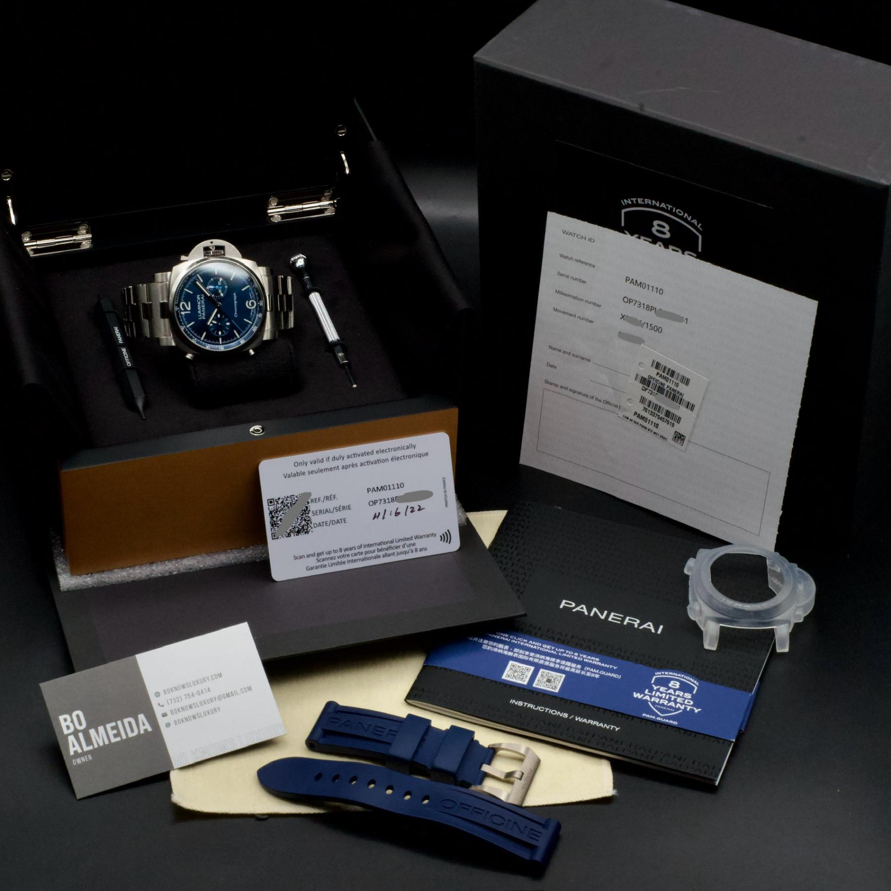 2022 Panerai PAM01110 Luminor Chrono Blue Stainless Steel 2022 Complete set with box