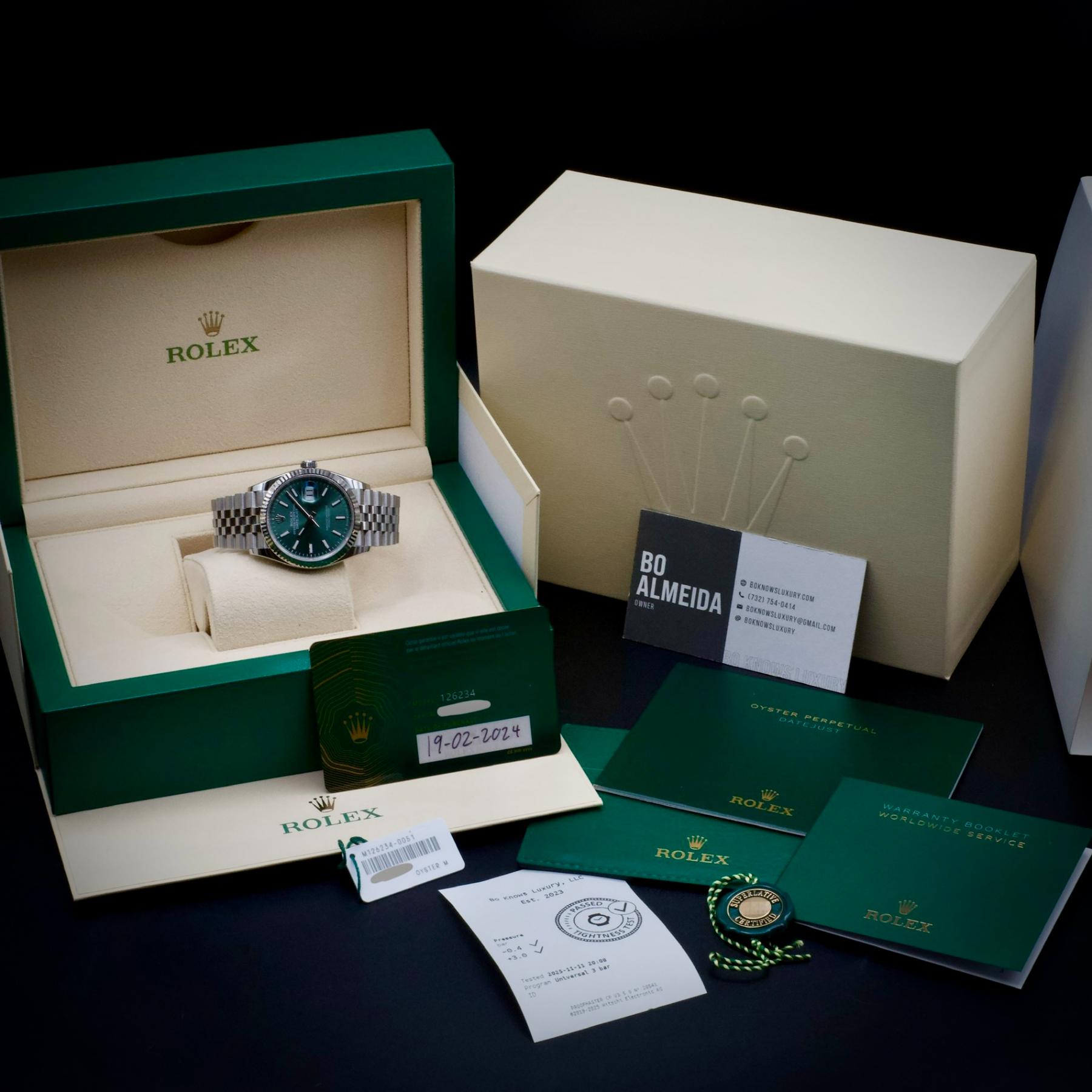 Rolex Datejust 36 126234 Mint Green Dial White Gold Bezel Jubilee 2024